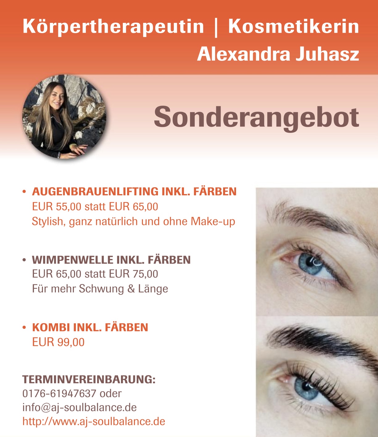 Sonderangebot für Körpertherapie und Kosmetik mit Foto einer lächelnden Frau und Behandlungsinfos.
