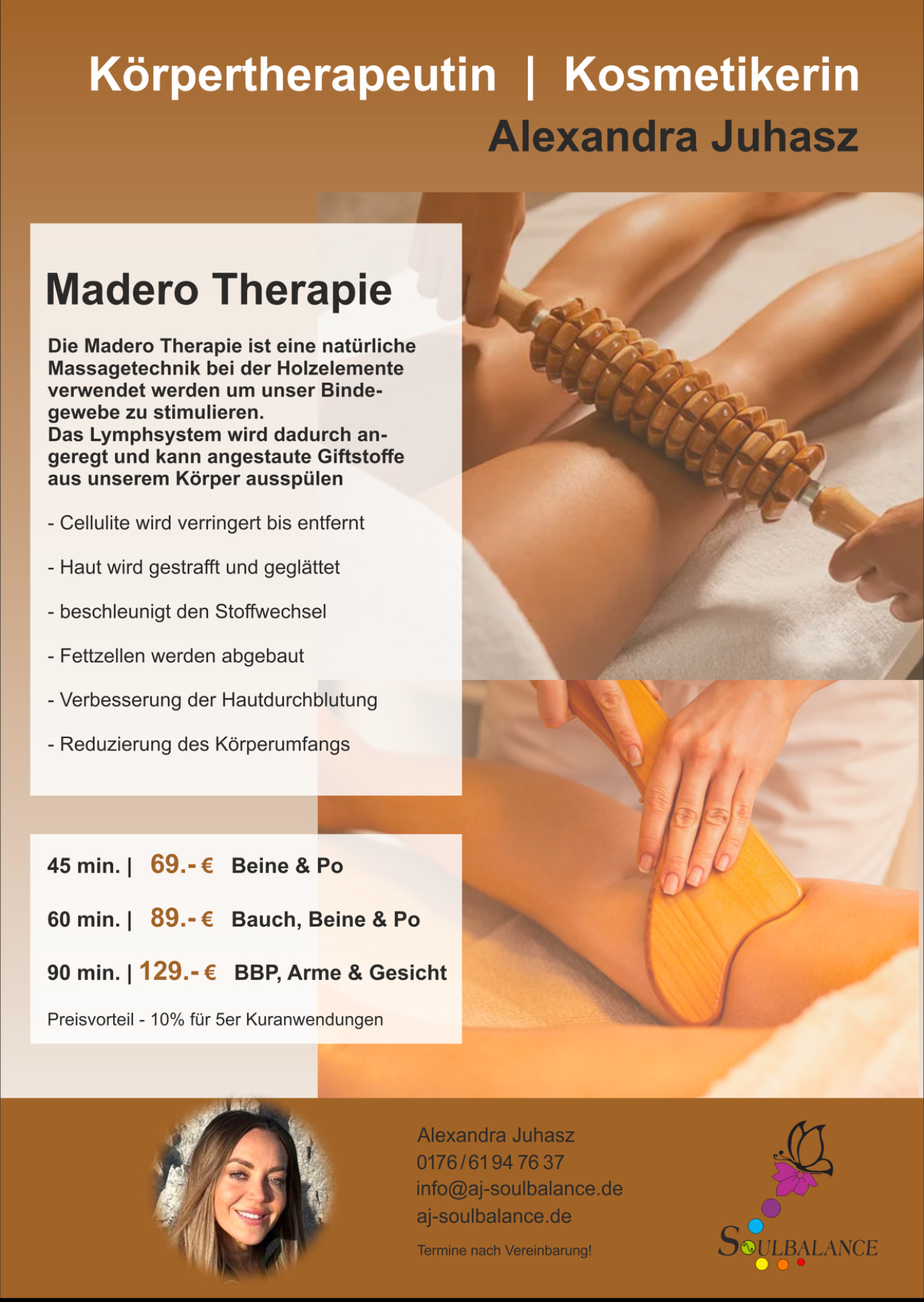 Werbung für Madero-Therapie mit Holzrolle, entspannende Farben, Text und Kontaktinformationen.