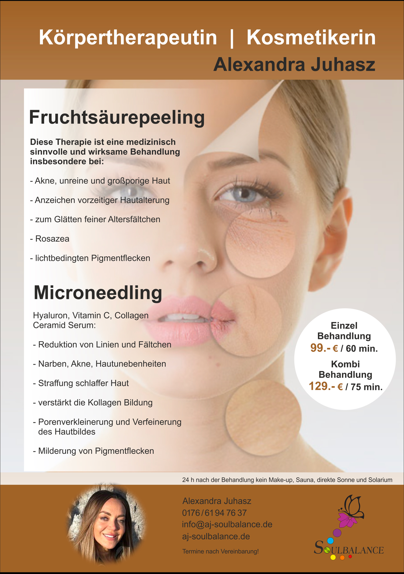 Flyer für Fruchtsäurepeeling und Microneedling mit Kontaktinformationen, Logo und Bild einer Frau.